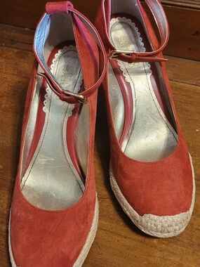 Franco Sarto Women's Red Suede Espadrille Wedges with Ankle Strap